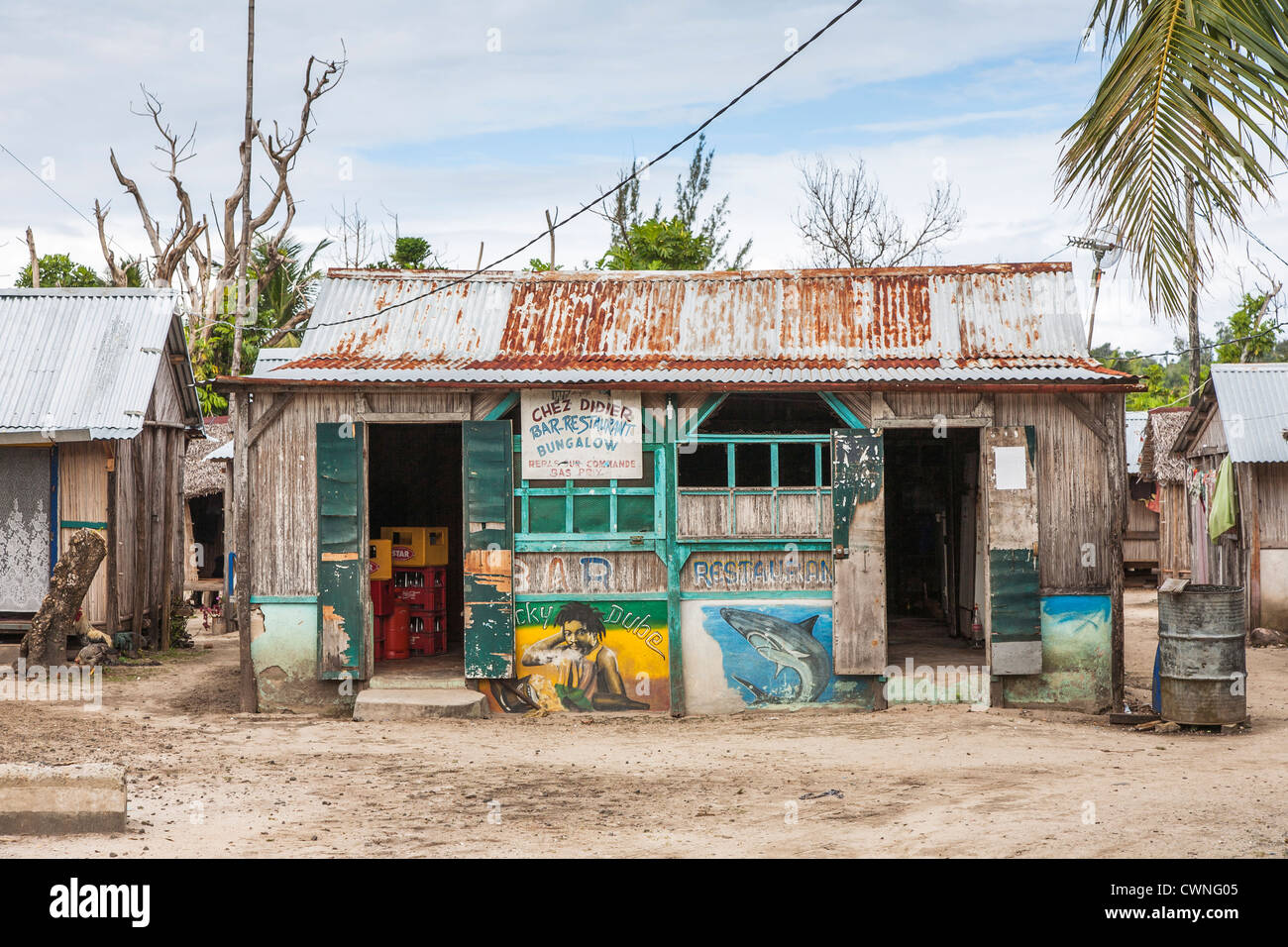 Isle St Marie, Madagascar - bar/restaurant in shack with corrugated metal roof in village Stock Photo