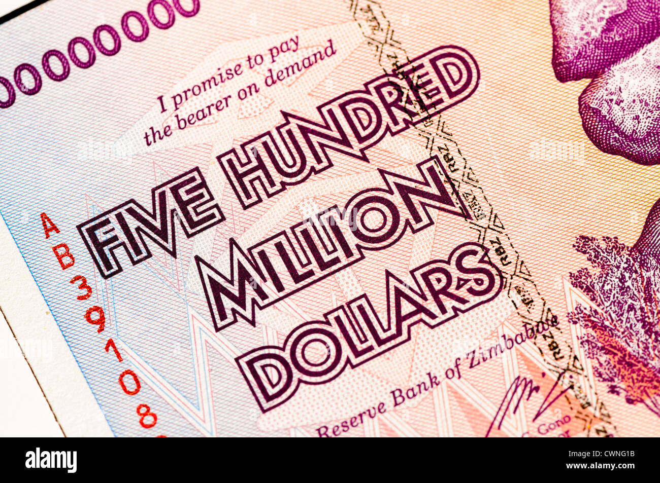 Five hundred million dollar (500,000,000 dollars) bank note from Bank of Zimbabwe, 2009, as a result of hyperinflation Stock Photo