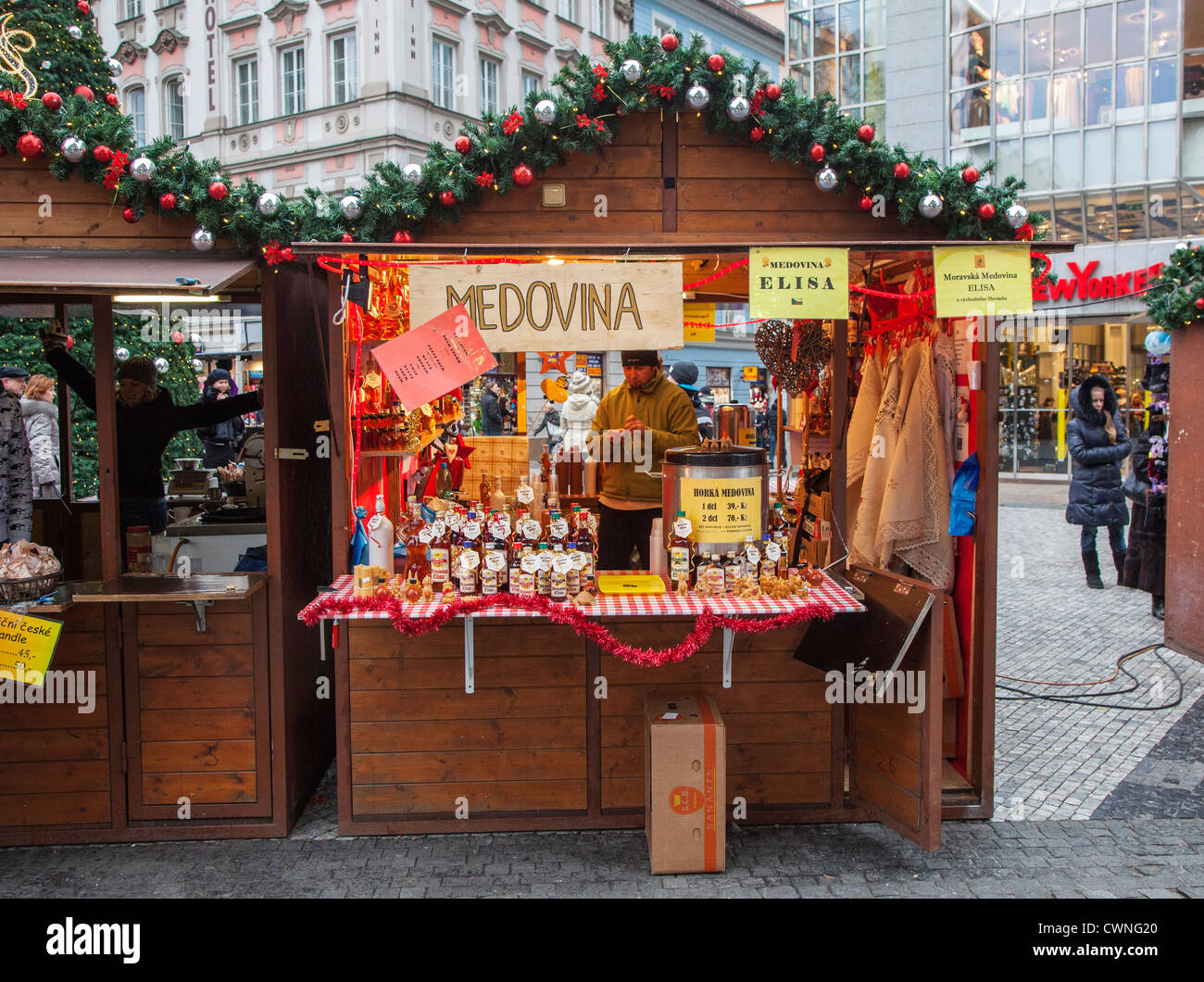 Christmas and New Year market in Prague, Czech Republic - stall selling alcoholic drinks, bottled and hot Stock Photo