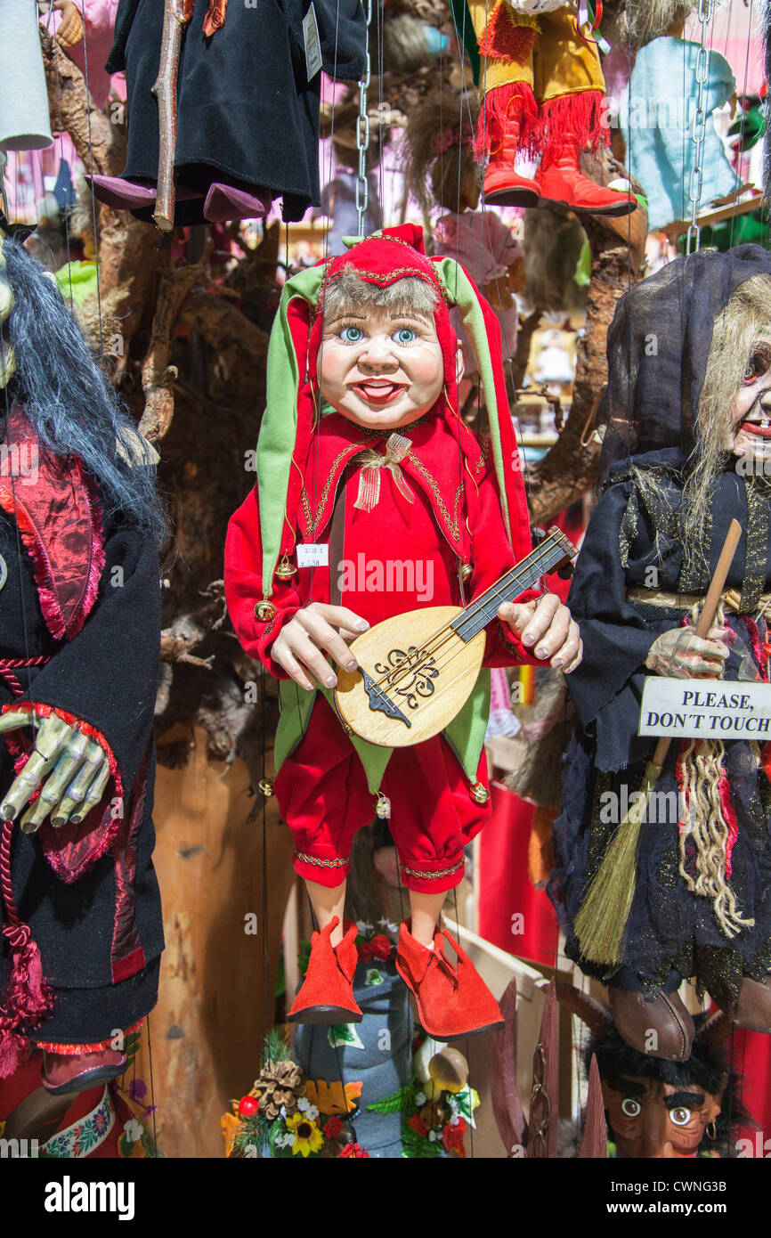 Puppets in shop in Prague, Czech Republic puppet of red court jester