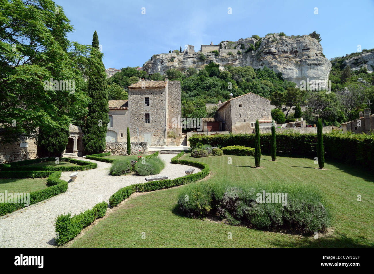 View of Les Baux or Les Baux-de-Provence and Public Gardens in the Alpilles  Provence France Stock Photo