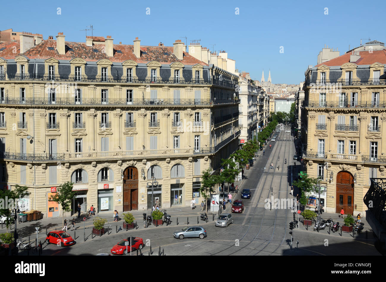 Place Saadi-Carnot Rue Colbert and Rue de la République, one of the Belle Epoch Hausmann Boulevards in Marseille France Stock Photo
