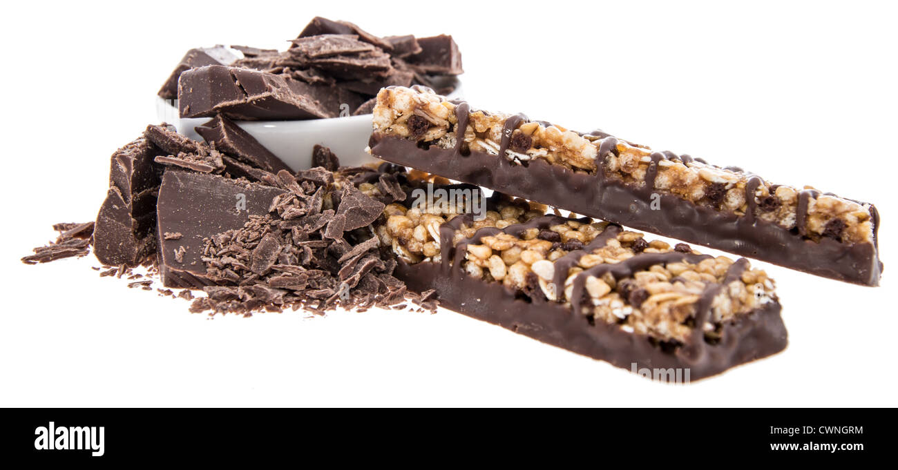 Muesli bar with Chocolate pieces isolated on white background Stock