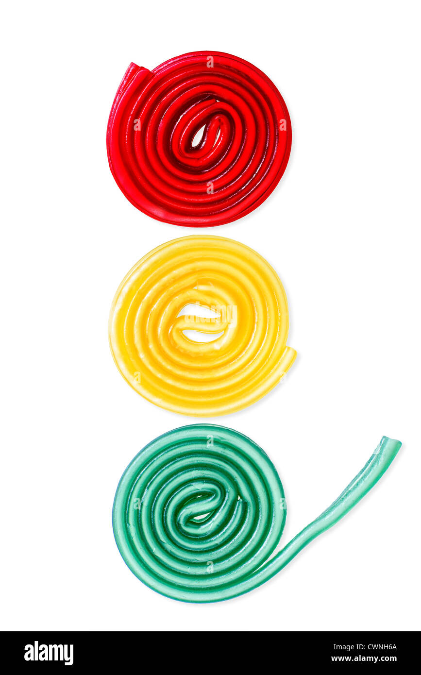 Colorful jelly candies, jelly gums, colored liquorice snail, rolled licorice Stock Photo