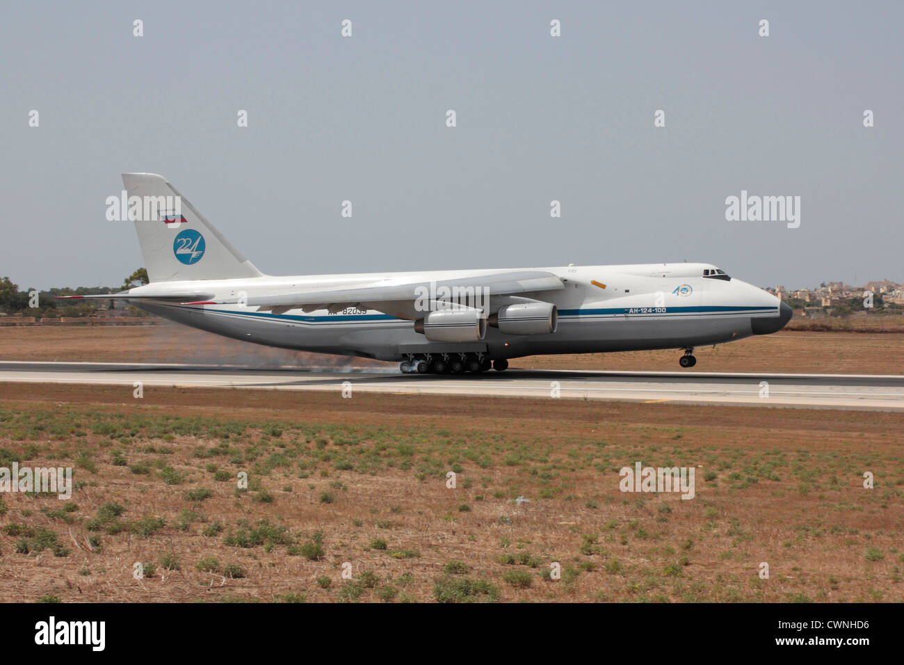 Antonov An-124 Ruslan heavy cargo jet of the Russian Air Force touching down on arrival in Malta Stock Photo