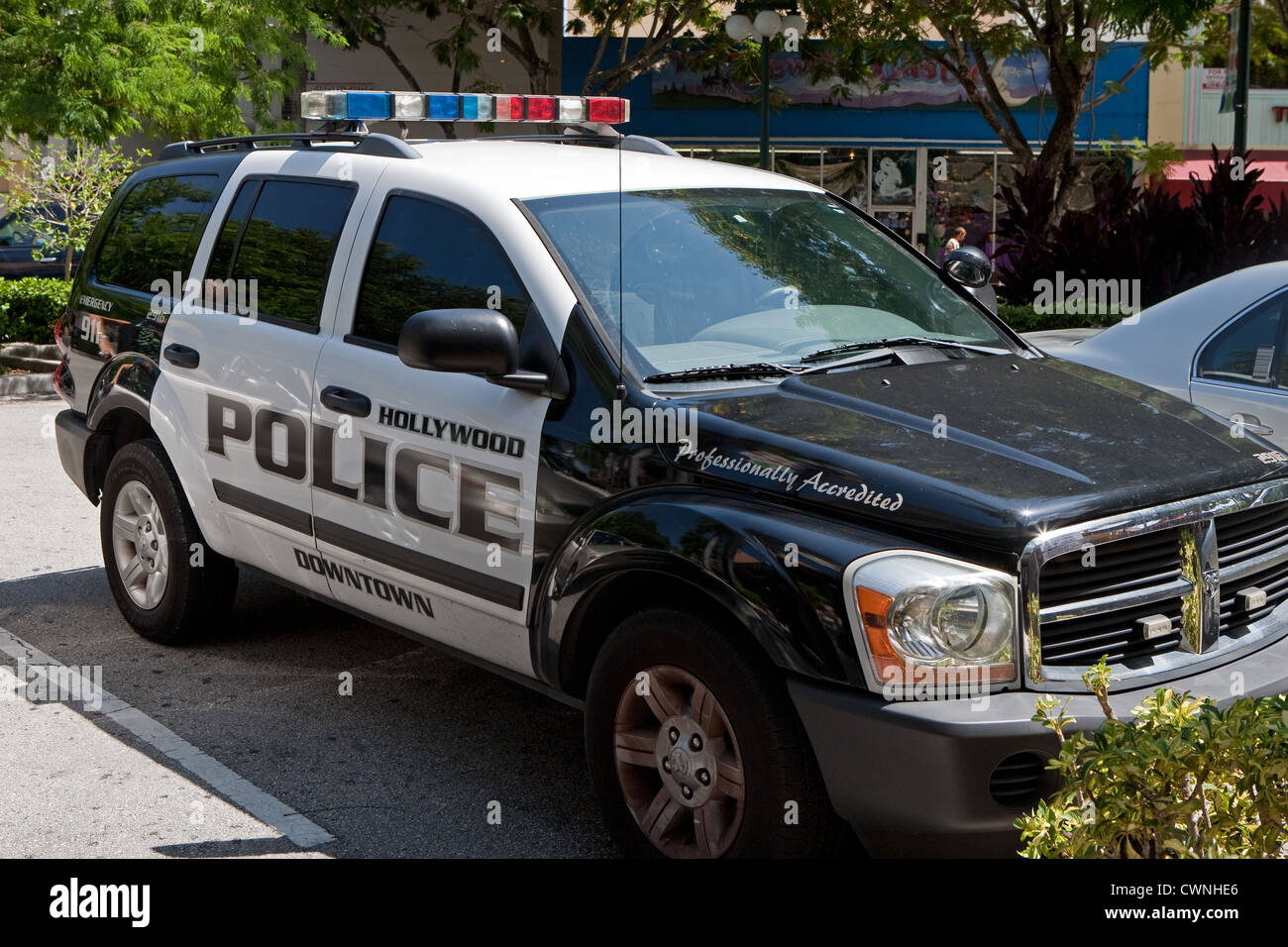 A police car in Hollywood Florida parked near a shopping mall Stock