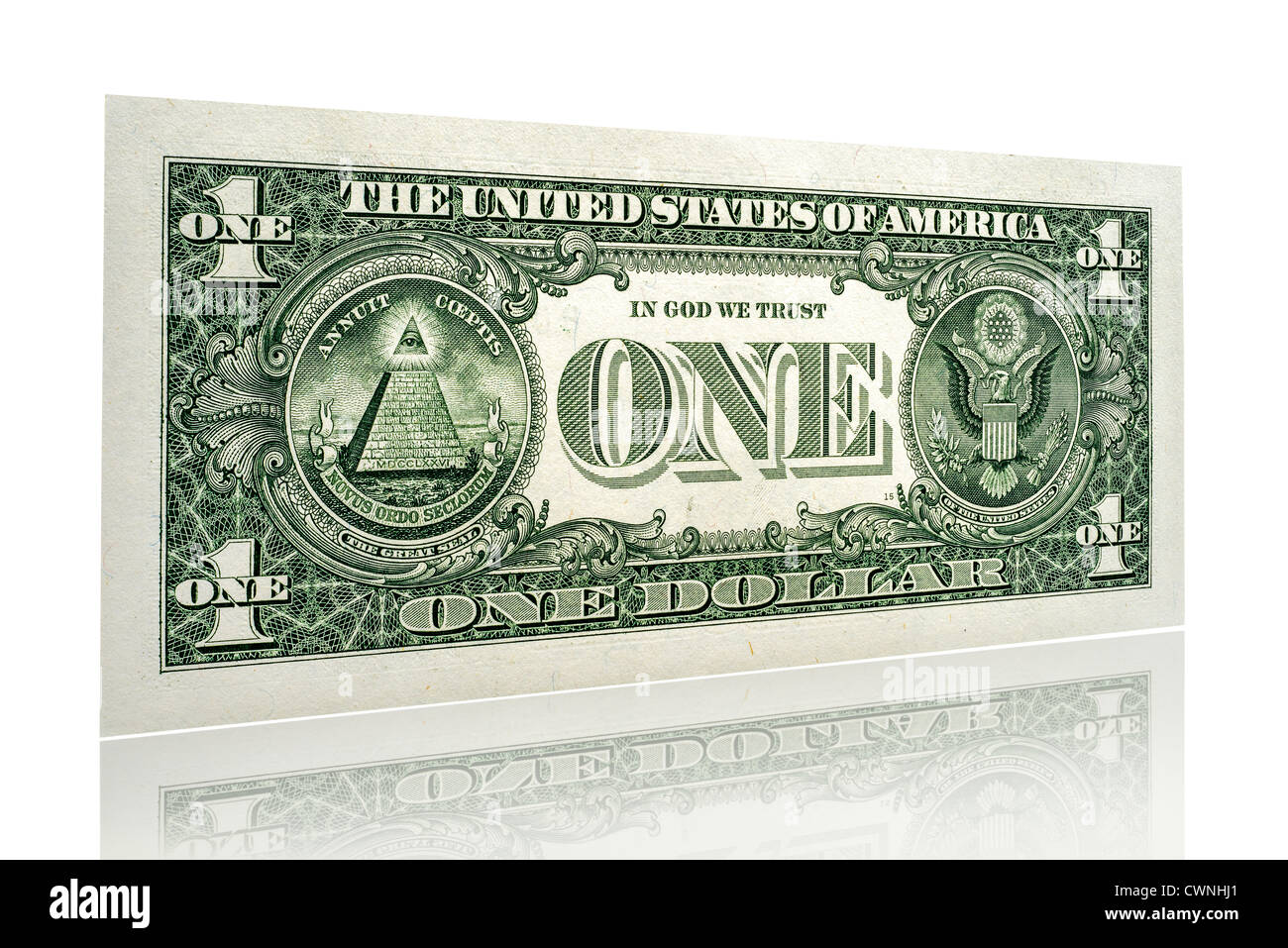 One-dollar bill, single one dollar banknote, back side, isolated on 100% white background Stock Photo