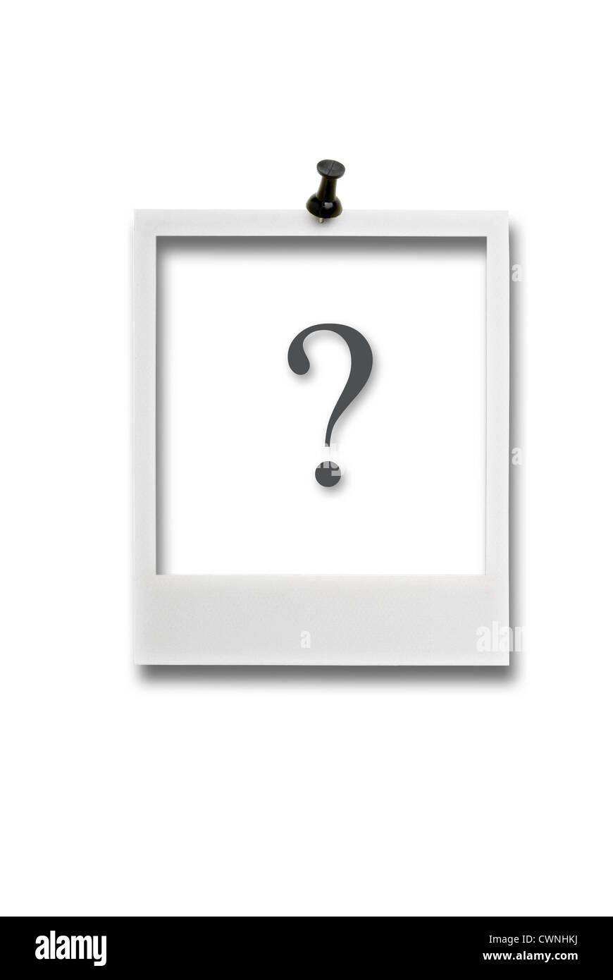 Empty polaroid frame with question mark and pin, isolated on 100 white