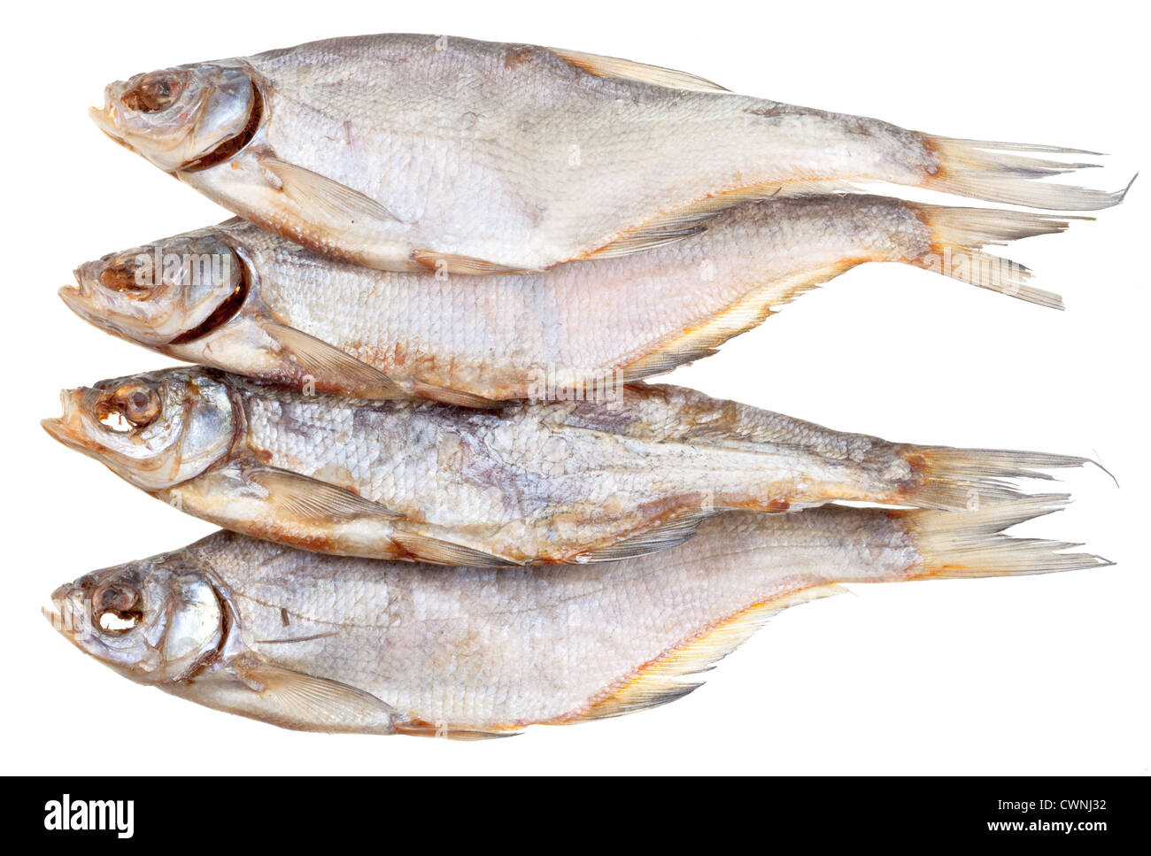 four dried salt fishes isolated on white background Stock Photo