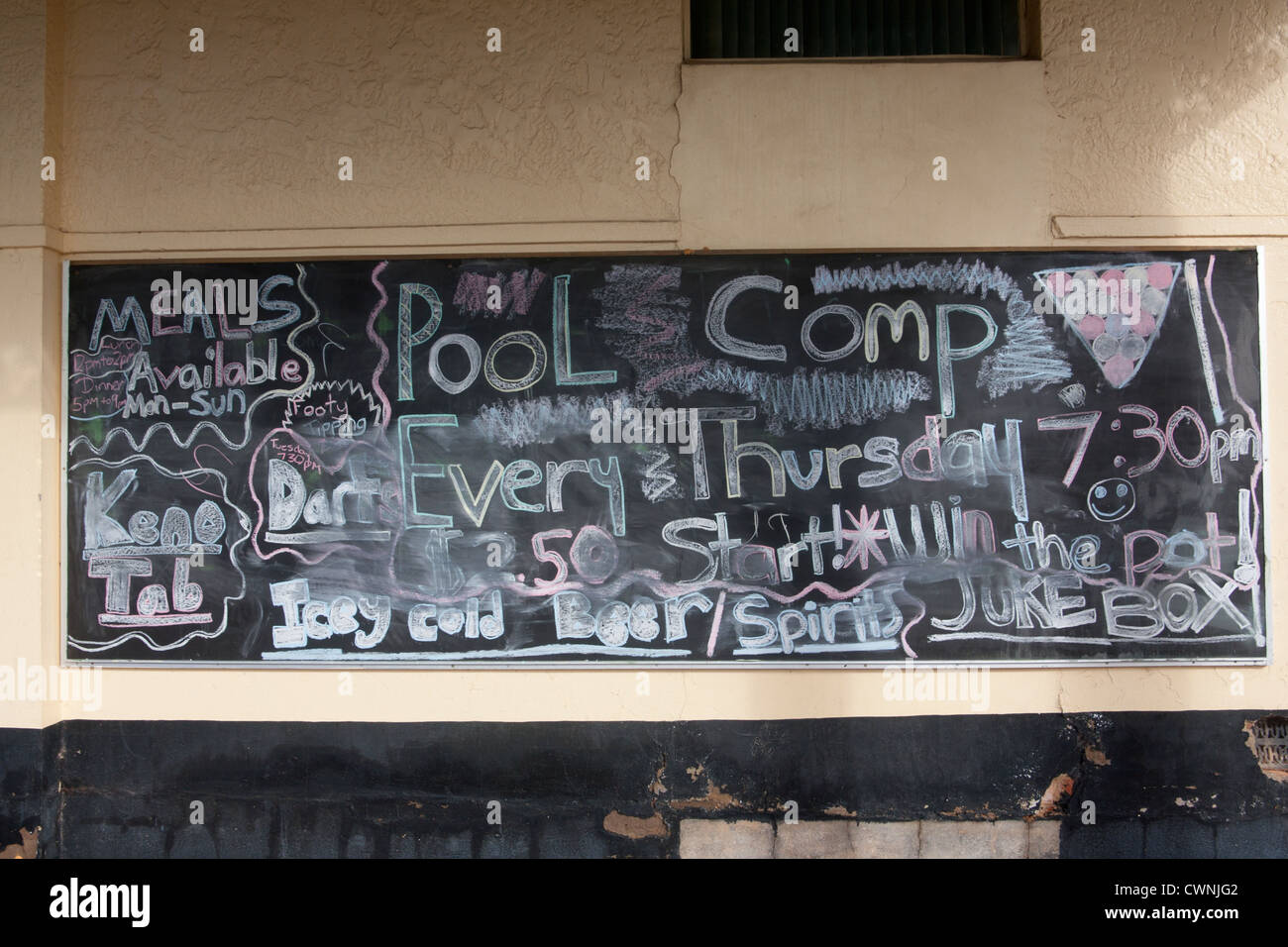 Blackboard / chalkboard outside pub with events notices Boggabri New South Wales Australia Stock Photo