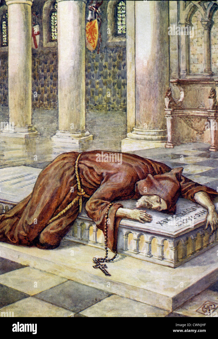 Upon learning that King Arthur died in battle, Lancelot exchanged his clothes for dress of monk, weeping at the tomb of Arthur Stock Photo