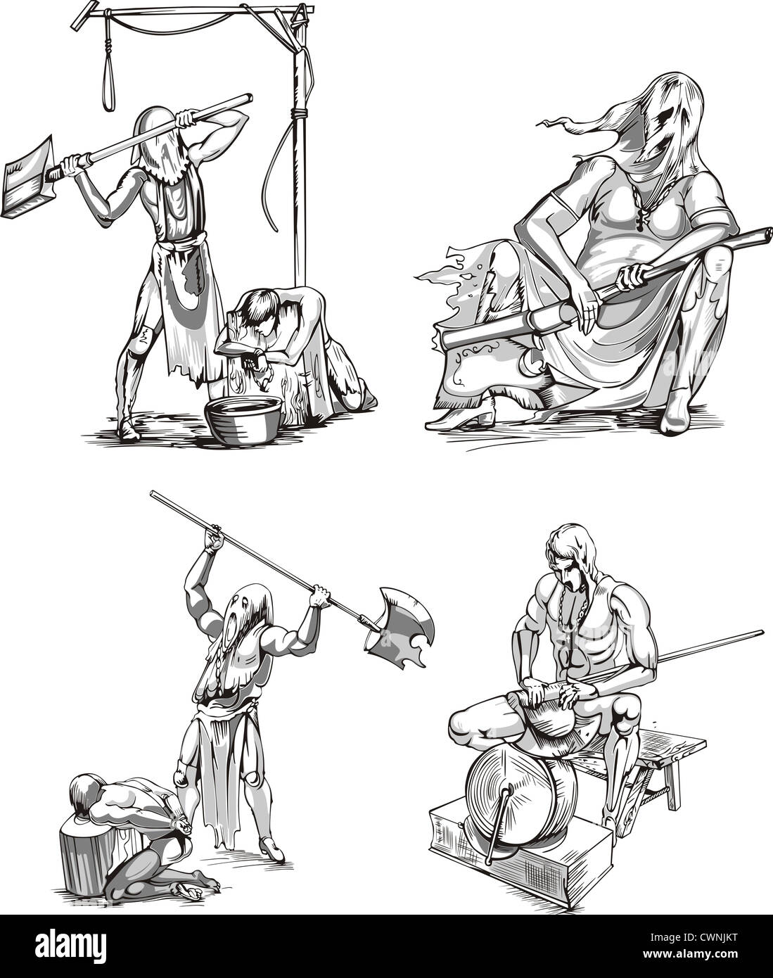 Old-Time Executioner Sketches. Set of black and white vector illustrations. Stock Photo