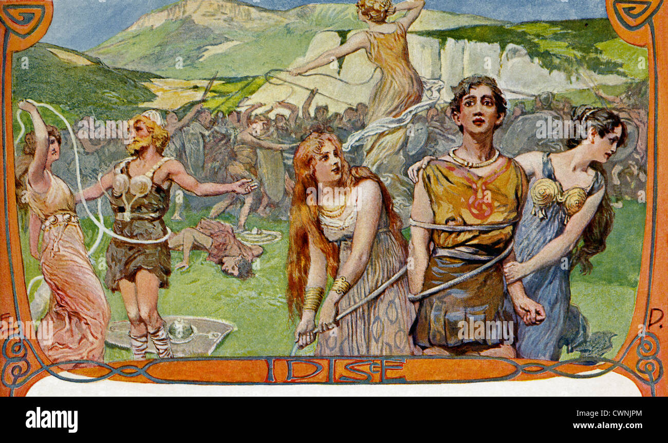 In Norse mythology, the Idise were divine women, and the same as Fairies, Dises, and Valkyries. Stock Photo