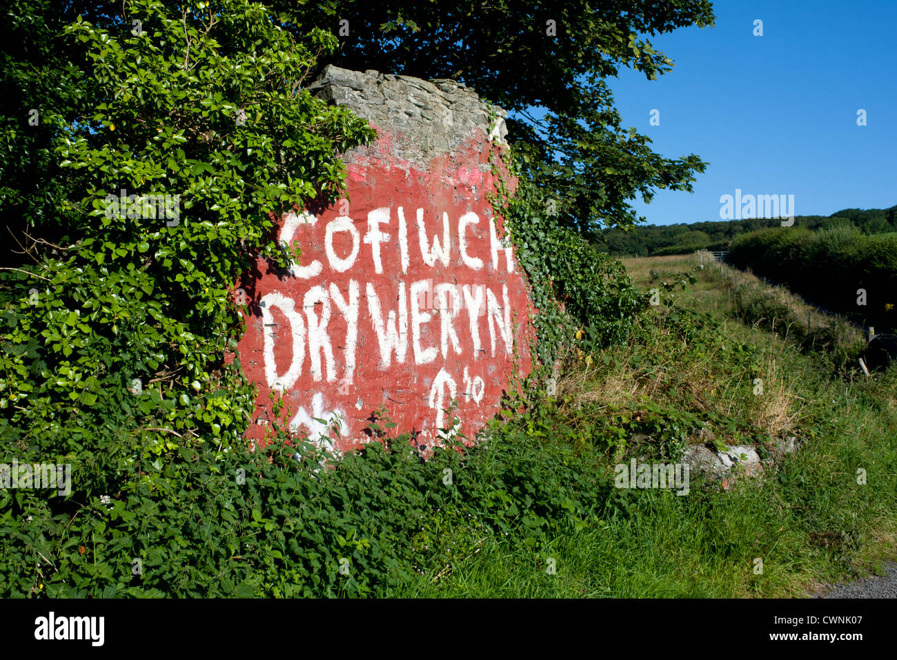 'Cofiwch Dryweryn' 'Remember Tryweryn' Welsh nationalist graffiti on roadside wall off A487 near Llanrhystud Ceredigion Wales UK Stock Photo