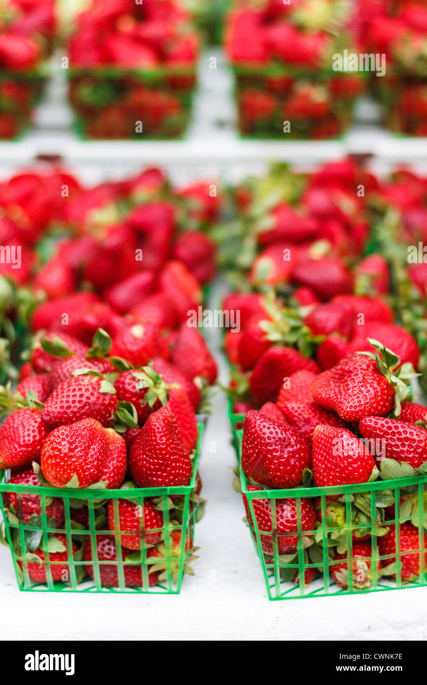 Fresh strawberries in green baskets for sale at a farmers market Stock Photo