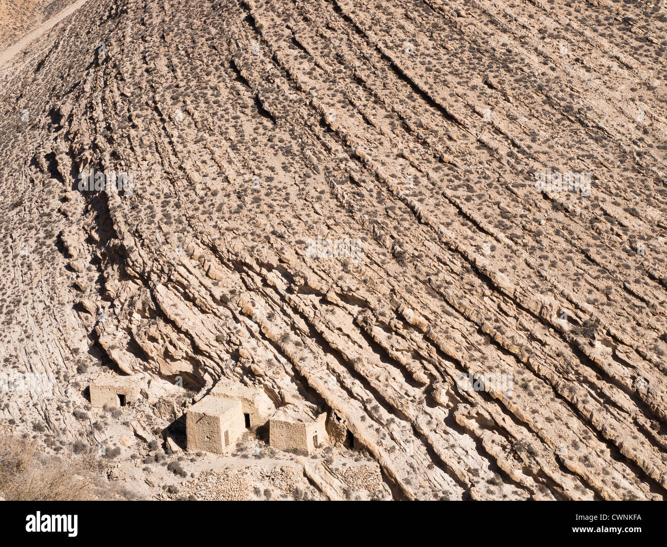 View of the surroundings from the Crusader castle in Shoubak Jordan stark landscape ruined dwellings Stock Photo