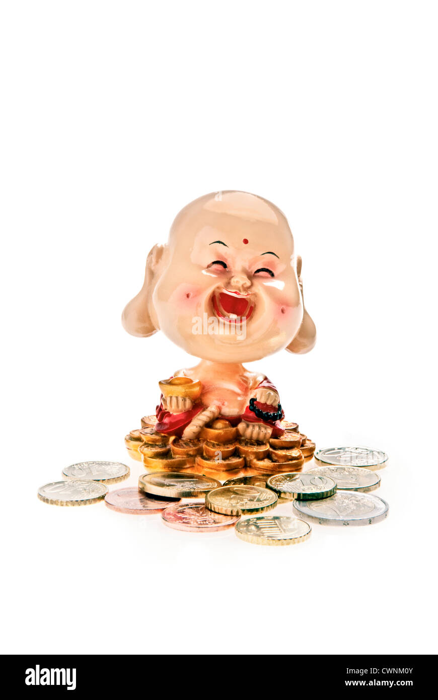 Buddha figure with Euro coins, isolated on 100% white background Stock Photo