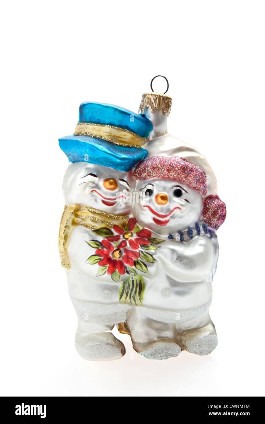 Snowman and snowwoman couple, Christmas tree decorations, isolated on 100% white background Stock Photo