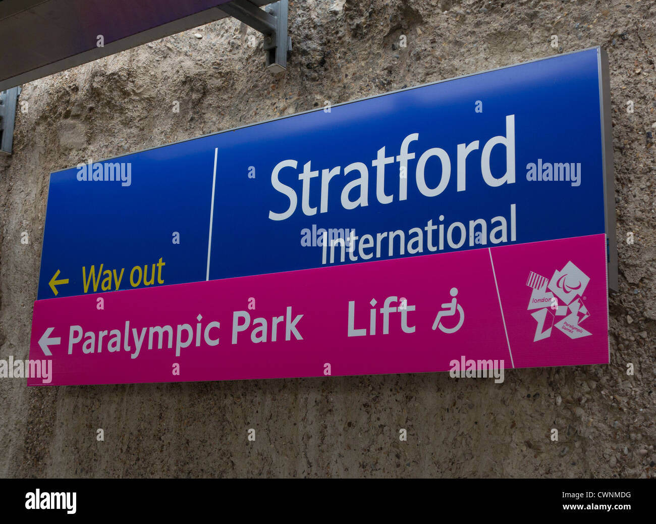 Accessibility signs at the London Stratford International station during the 2012 Paralympic Games Stock Photo