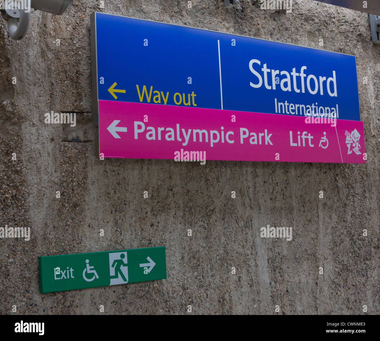 Accessibility signs at the London Stratford International station during the 2012 Paralympic Games Stock Photo