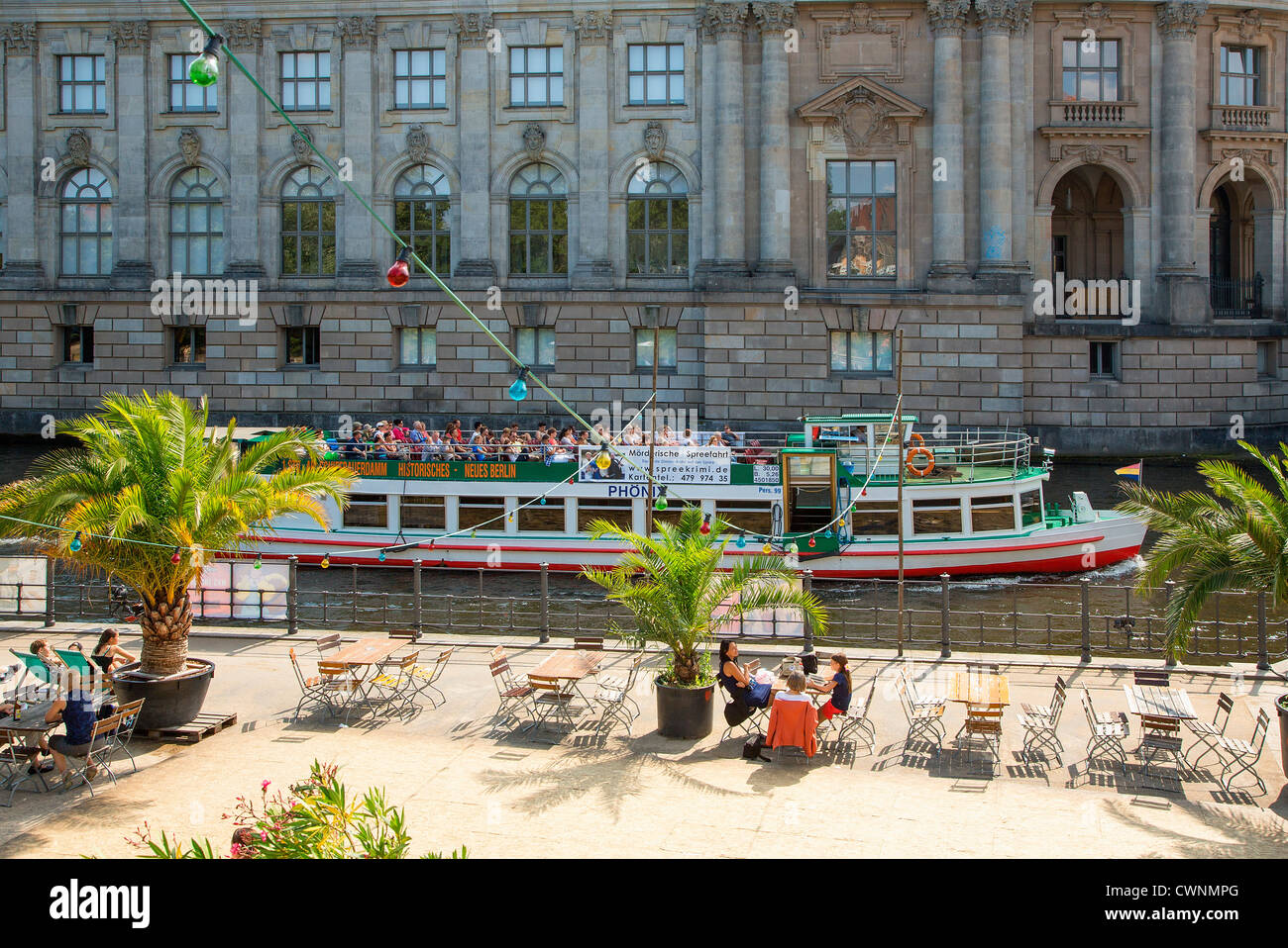 Europe, Germany, Berlin, Riverside cafe overlooking the River Spree Stock Photo