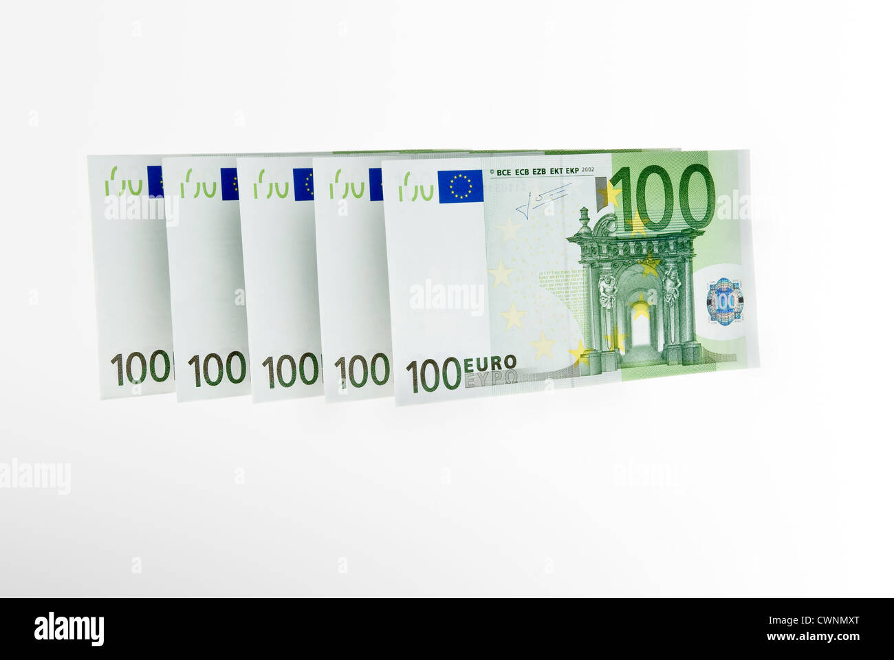Five 100 Euro banknotes, 500 Euro Stock Photo