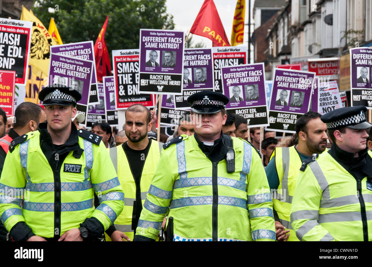 Unite Against Fascism and local people from Walthamstow  prevent the racist English Defence League (EDL) marching through the ce Stock Photo