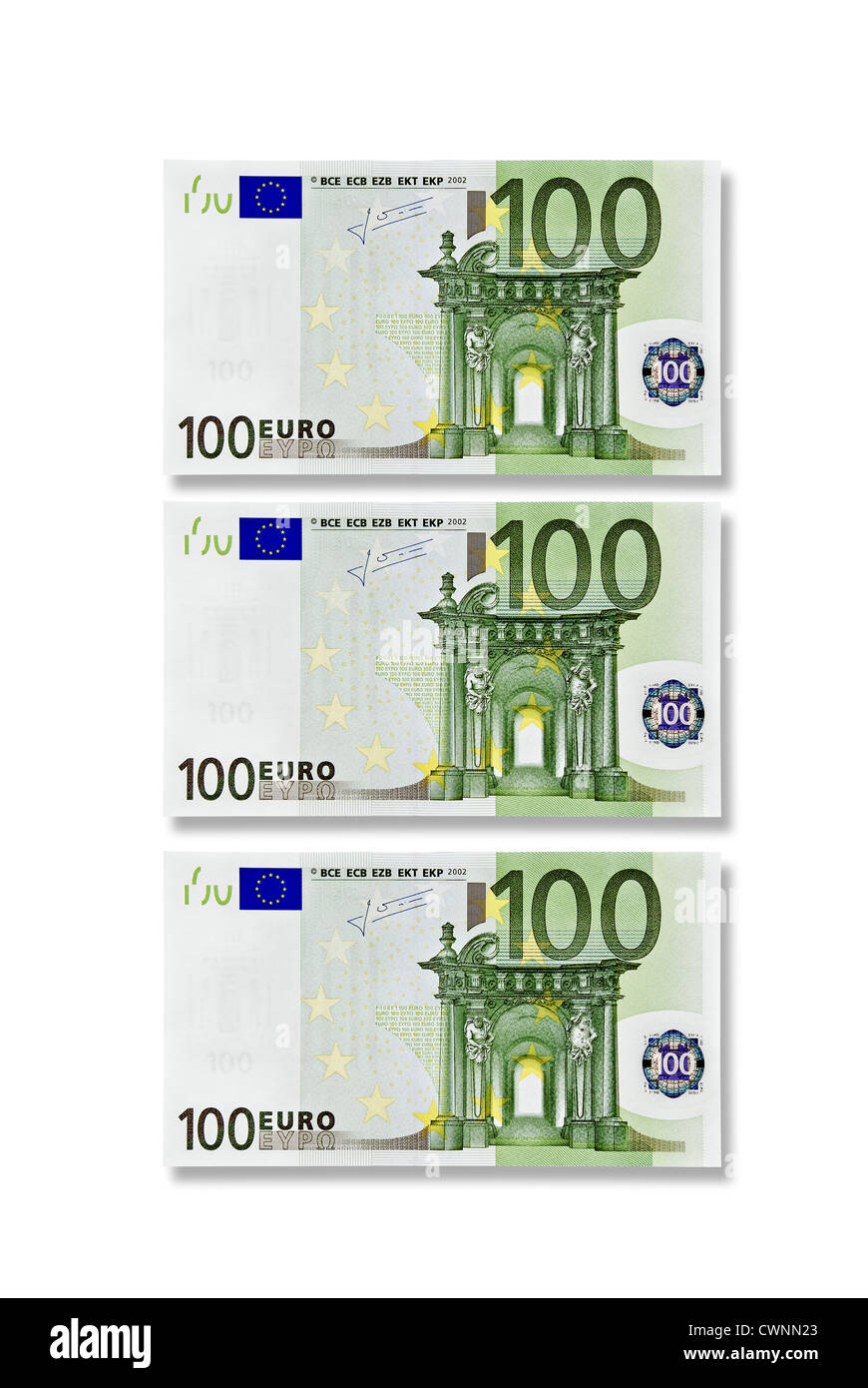 Three 100 Euro banknotes, 300 Euro, european currency, isolated on 100% ...
