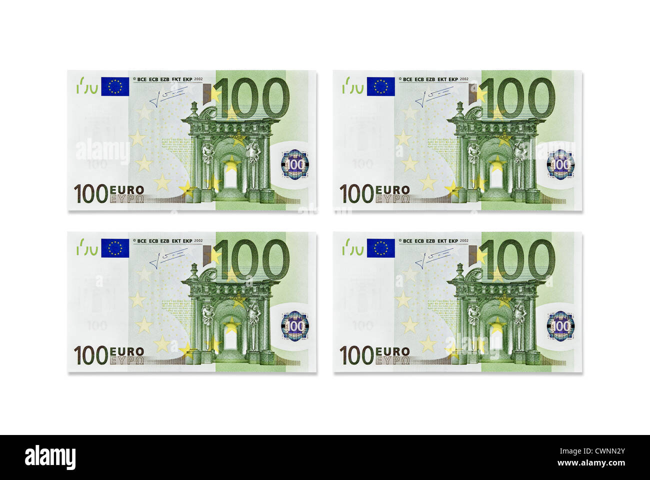 Four 100 Euro banknotes, 400 Euros, four hundred Euro, european currency, isolated on 100% white background Stock Photo