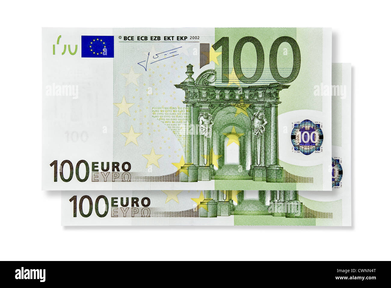 Two 100 Euro banknotes, 200 Euros, european currency, isolated on 100% white background Stock Photo