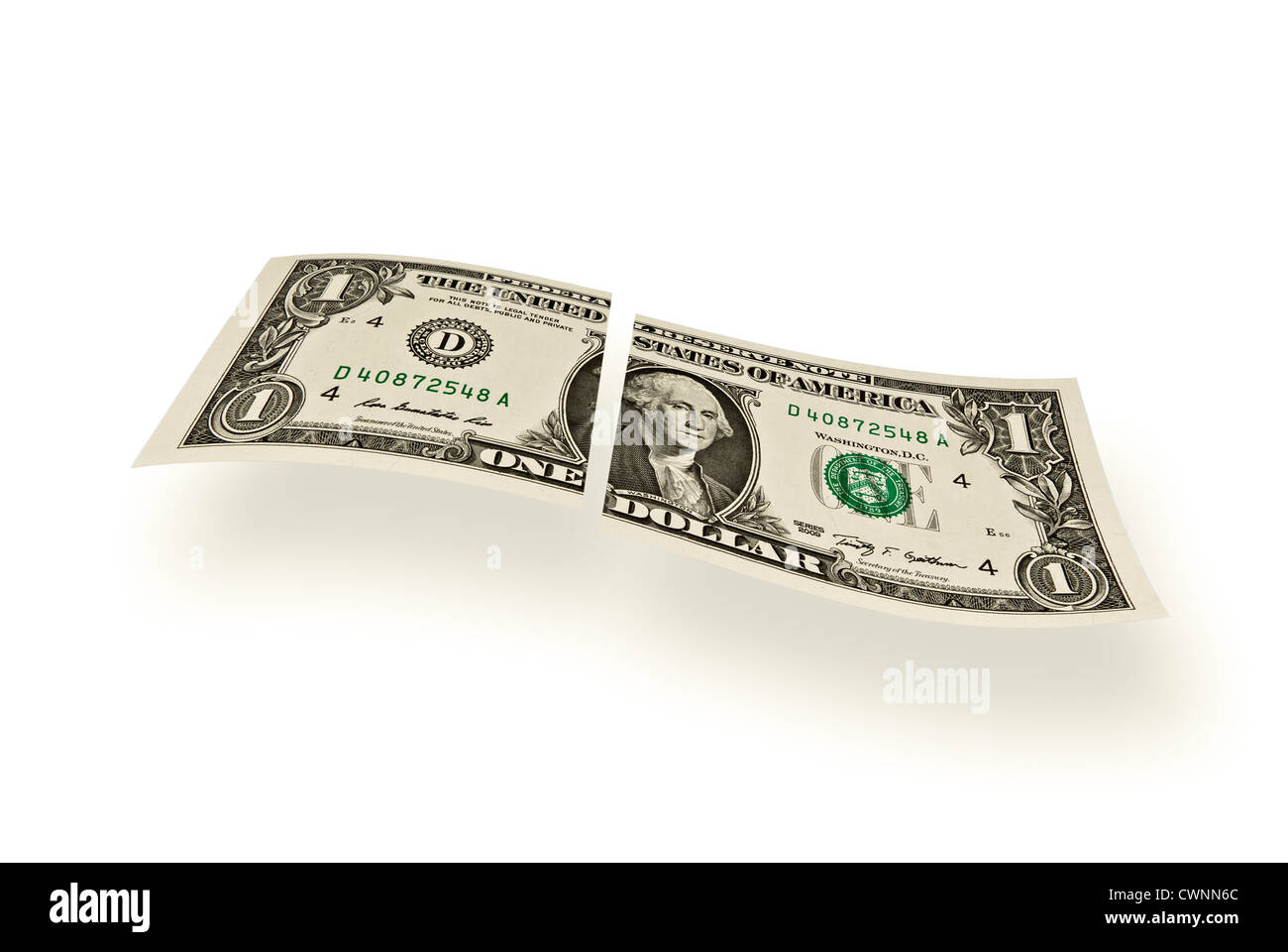 One divided U.S. dollar bill, cut, devaluation of the currency, 1 Dollar, isolated on white background Stock Photo