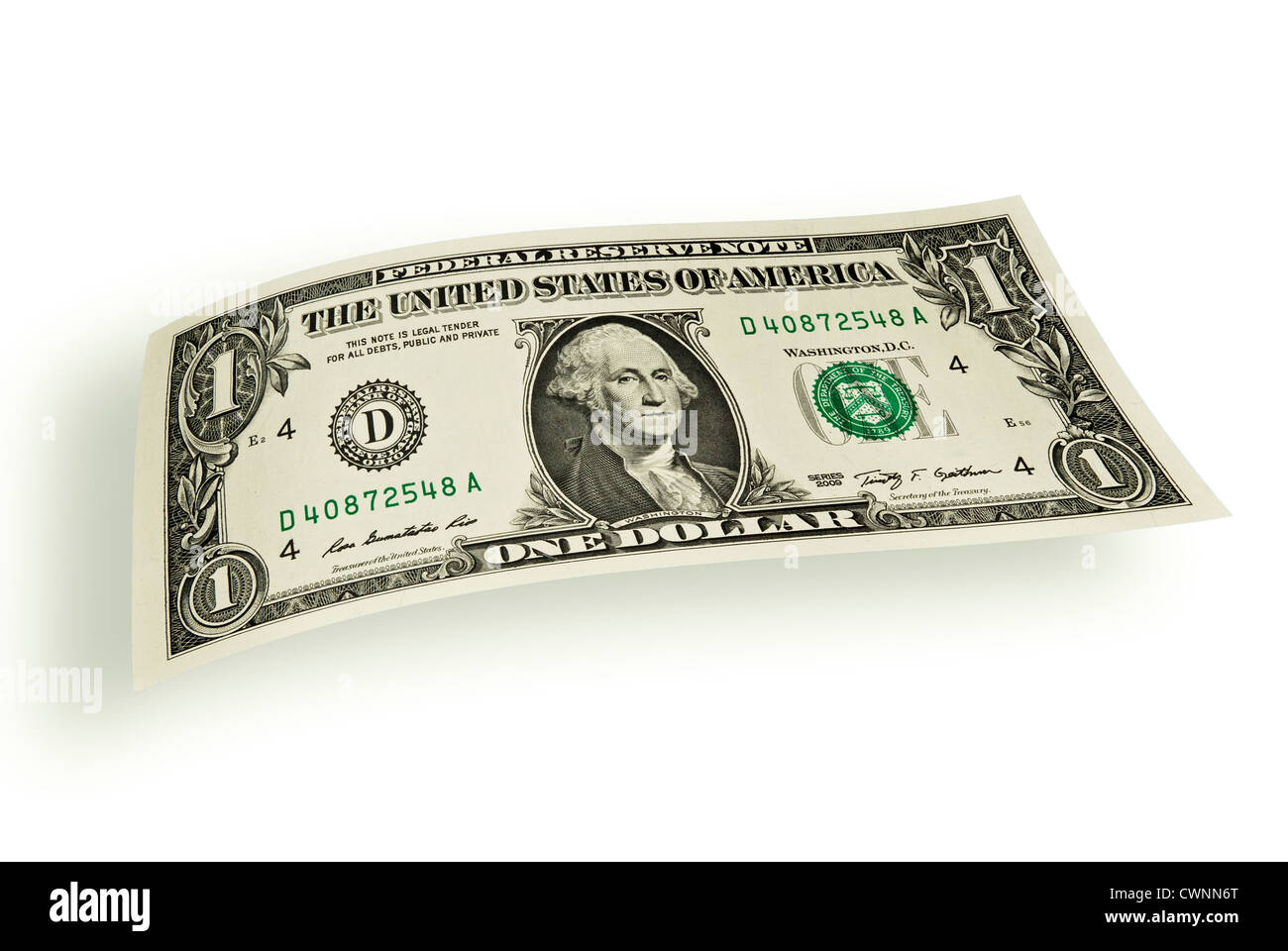One-dollar-bill, floating dollar, 1 Dollar, dollar bill, isolated on white background Stock Photo