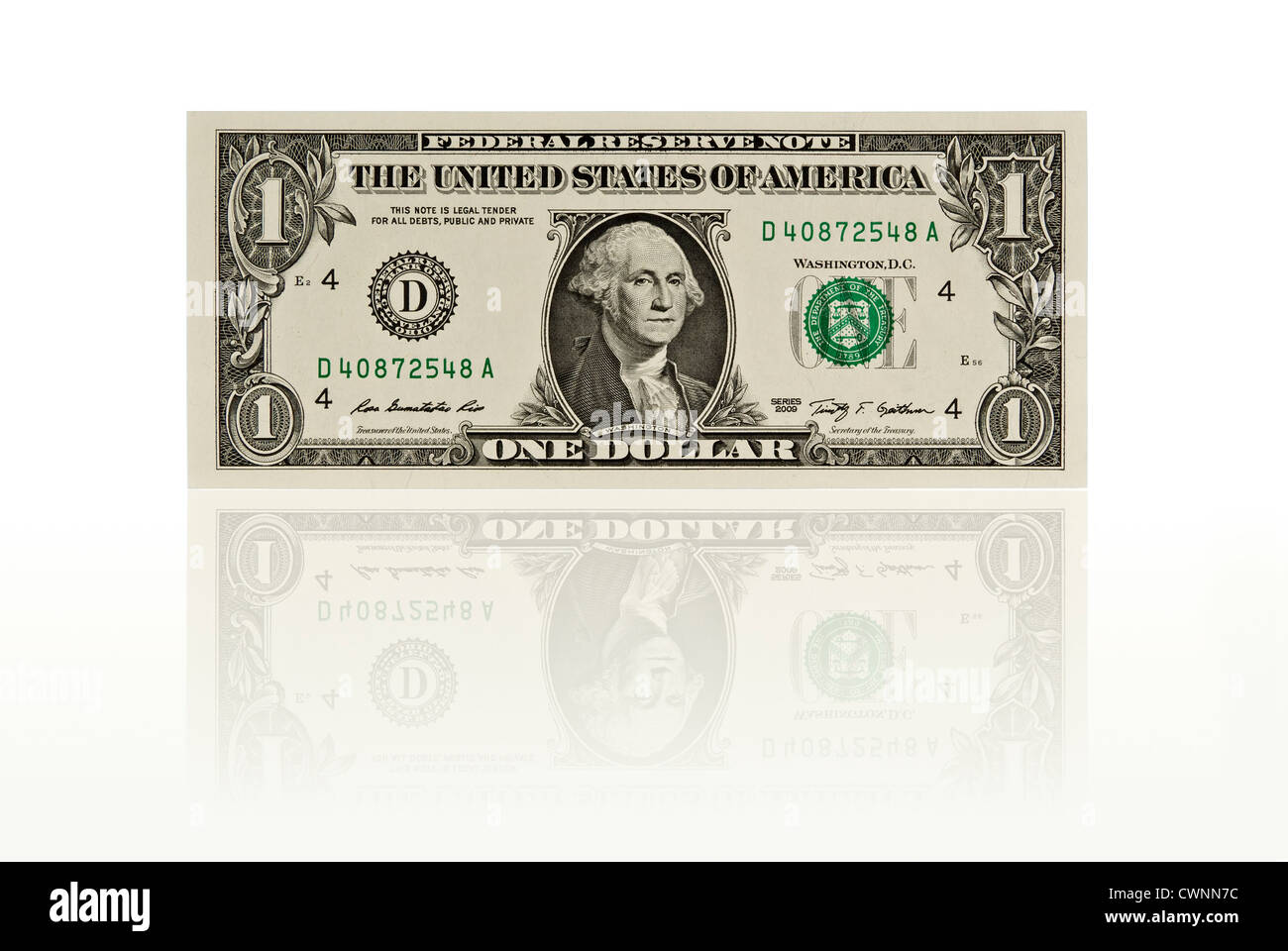 One-dollar-bill, 1 Dollar, dollar bill, with reflexion, isolated on white background Stock Photo
