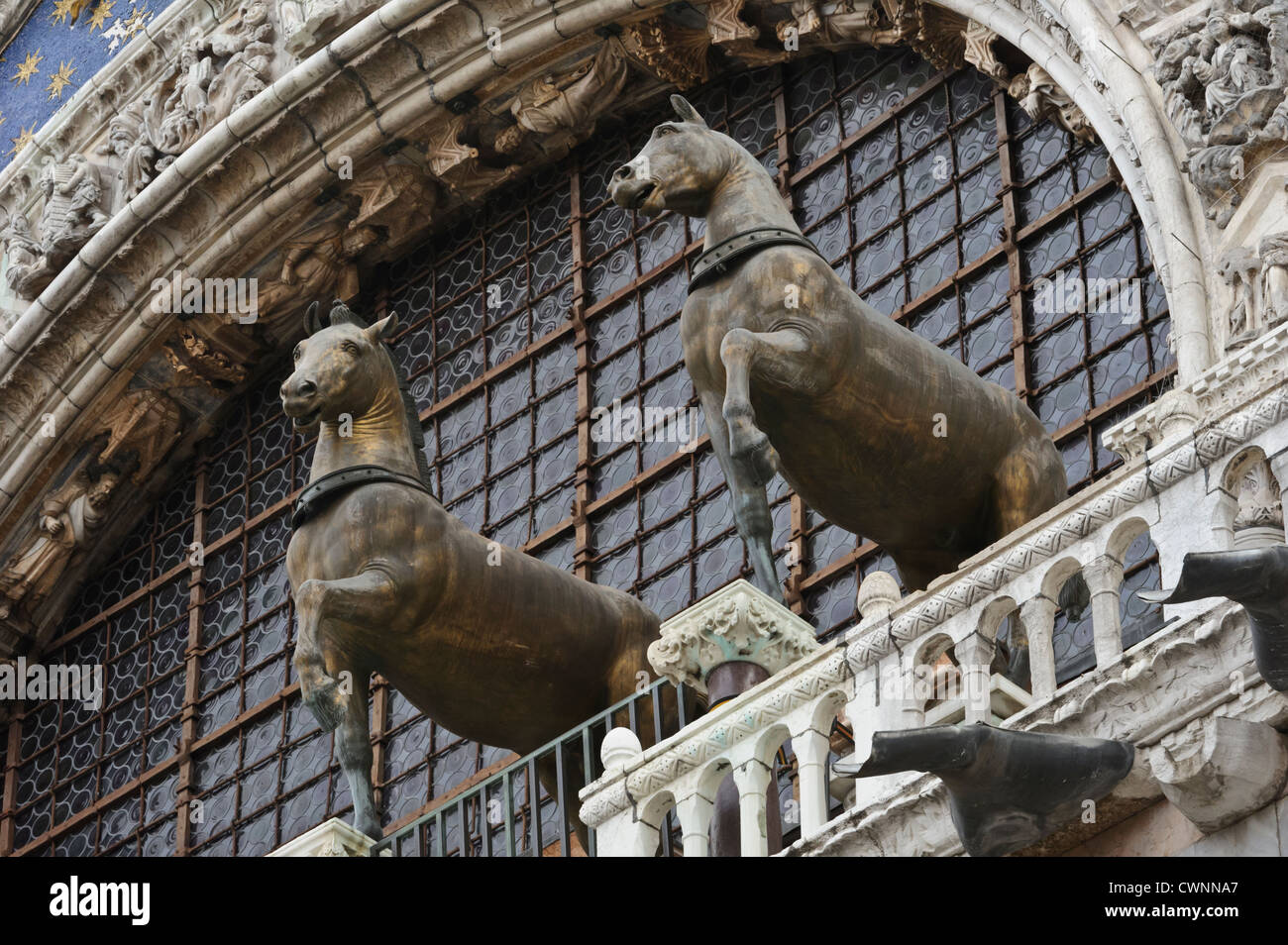 Bronze horse sculptures, St Mark's Basilica. St Mark's Square, Venice, Italy. Stock Photo