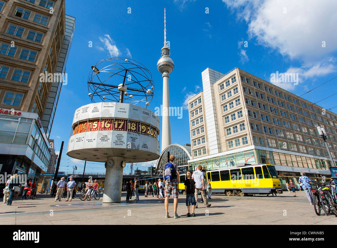 Europe, Germany, Berlin, Alexanderplatz, Alexanderplatz, the Weltzeituhr, the Fernsehturm and the Berolina Haus Stock Photo