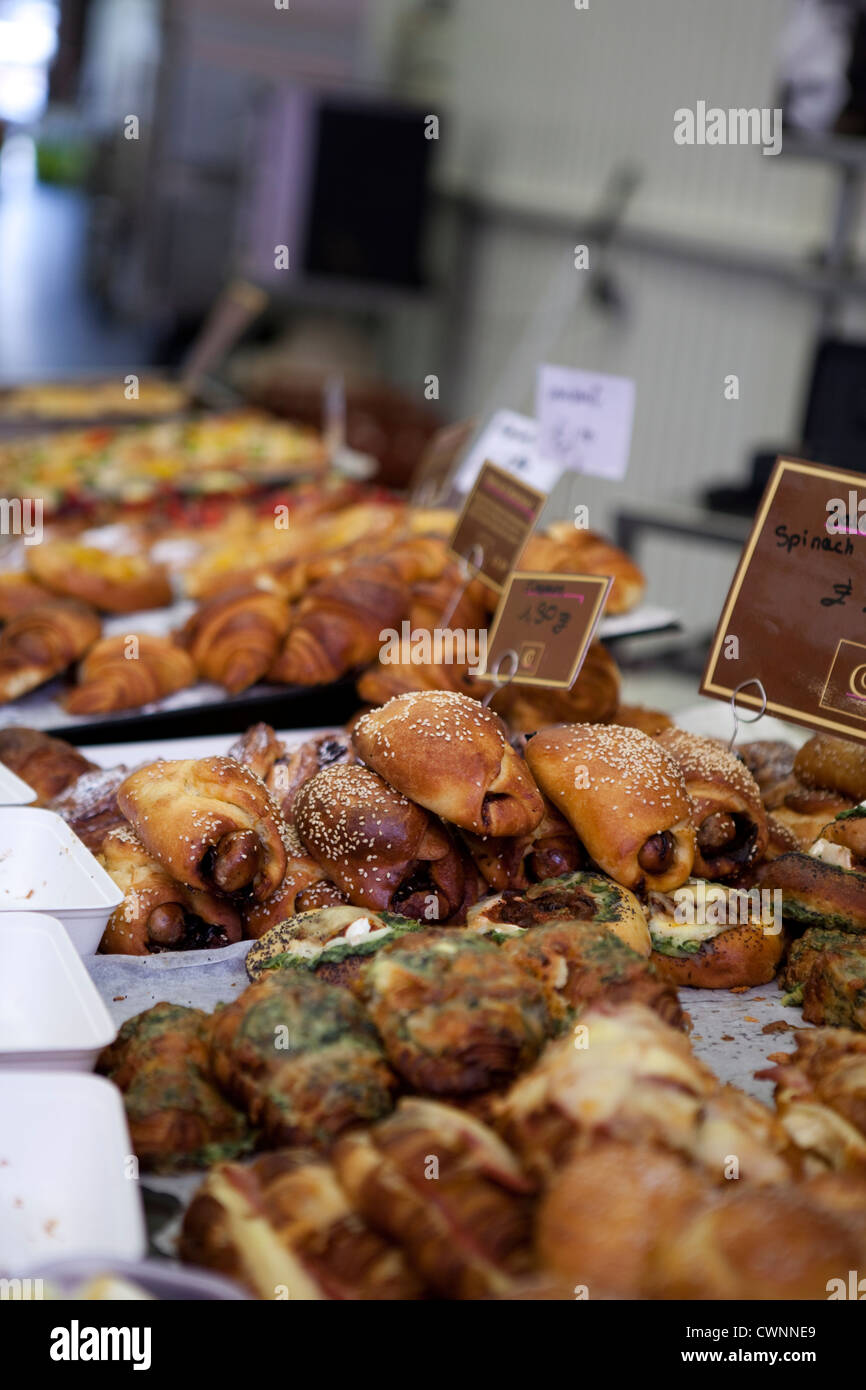 Variety of pastries for sale at a stall in Maltby Street Market