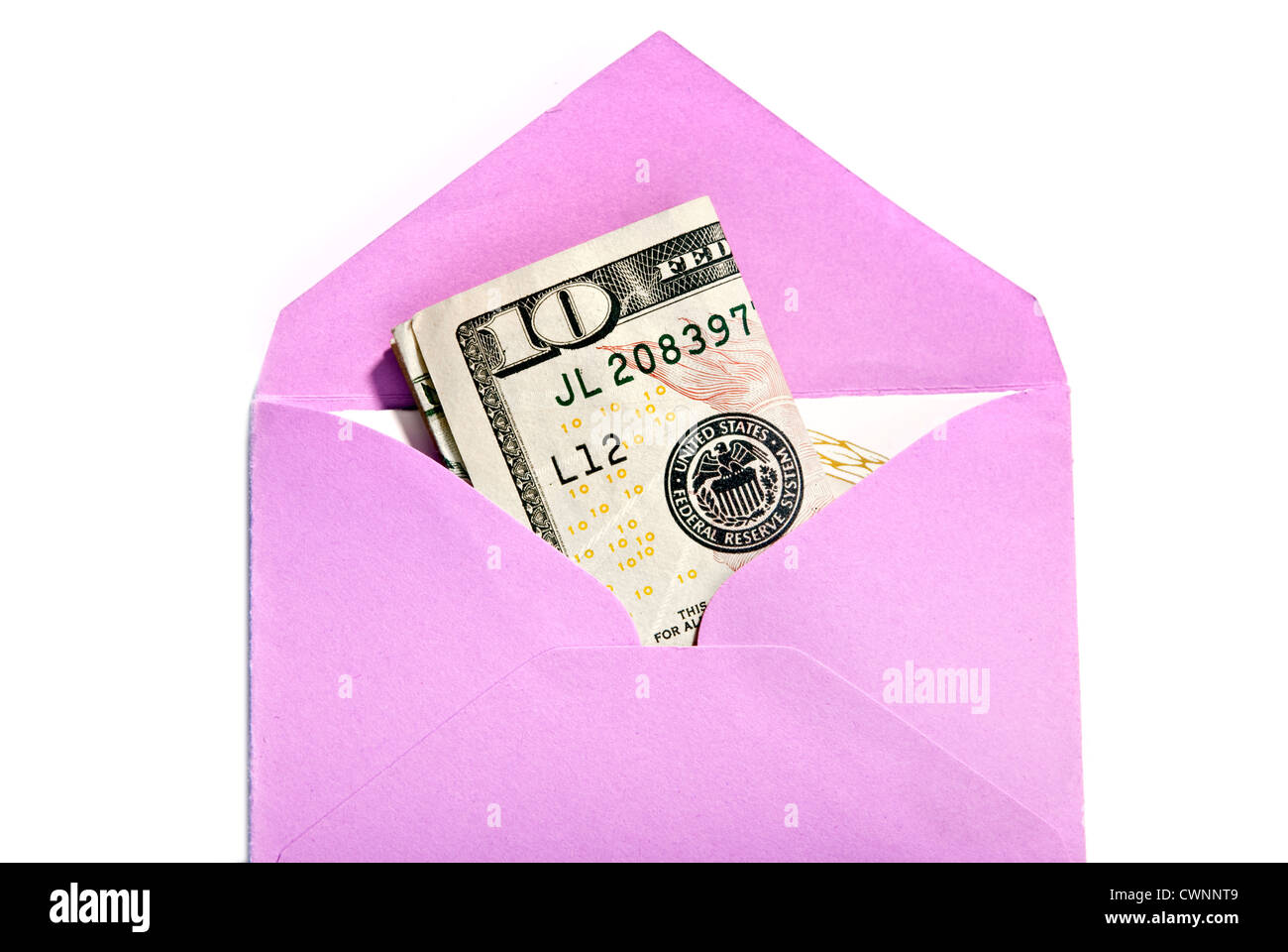 Envelope with a ten-dollar bill, money gift, isolated on 100% white background Stock Photo