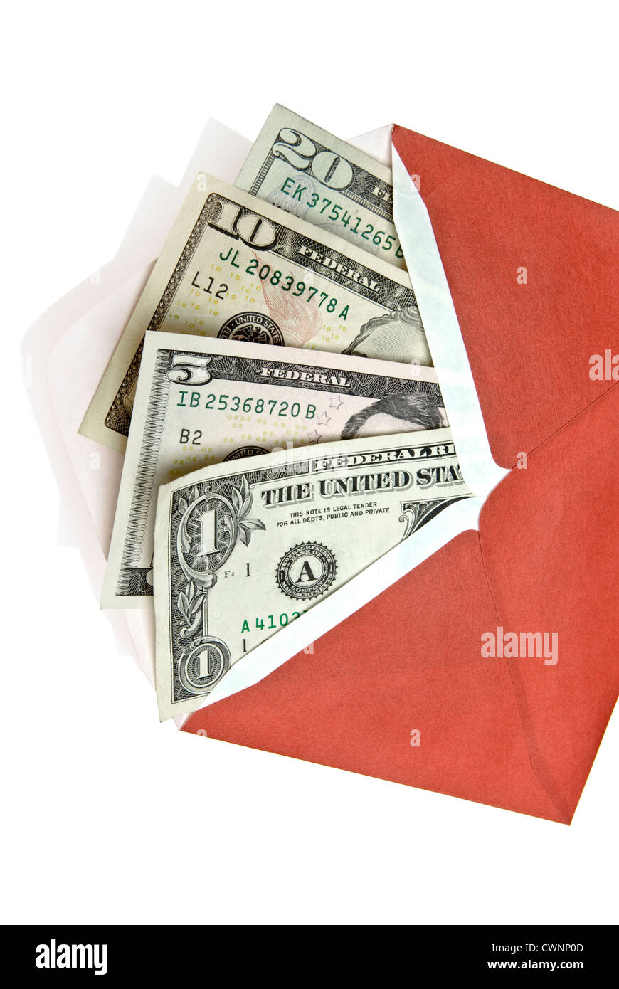 Envelope with US-dollar bills, isolated on 100% white background Stock Photo