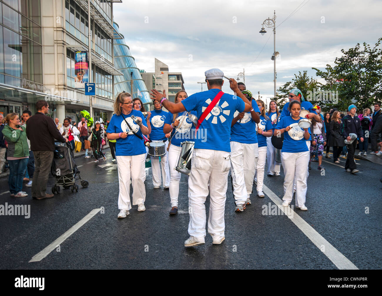 Morro 16 samba drumming group perform on the streets of Dublin at the Tall Ships Festival 2012 Stock Photo