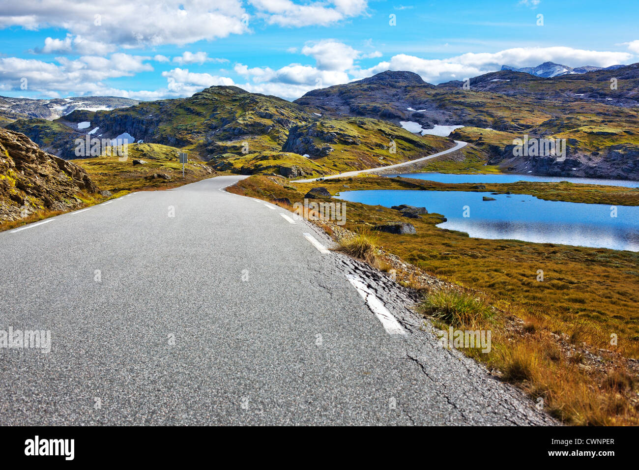 Norway road landscape on high mountains. Stock Photo