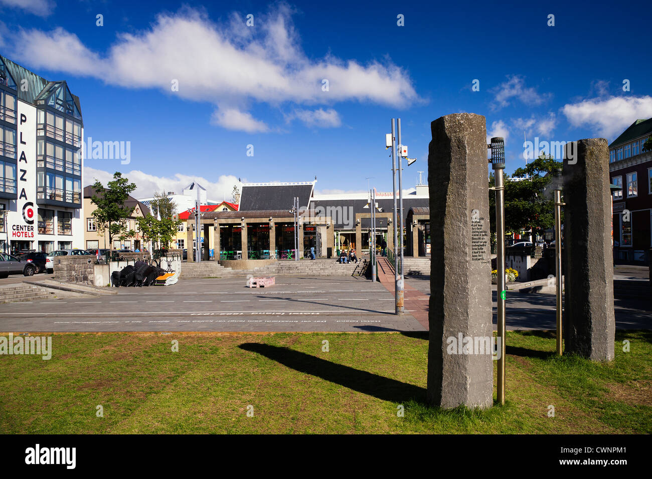 Ingólfstorg square, Reykjavik, Iceland, where geothermal energy is released through billowing steam vents Stock Photo