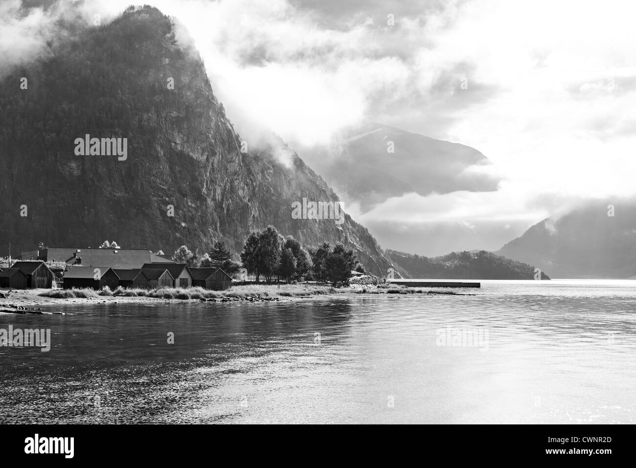 Fjord shore in Norway. Black and white. Stock Photo