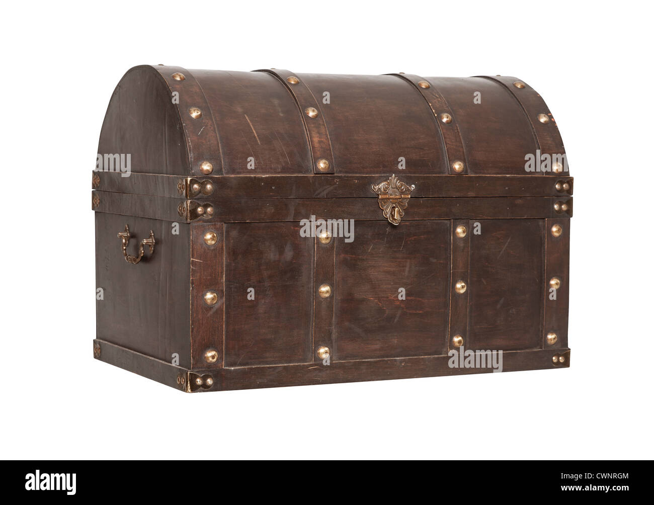 Old Treasure chest 3/4 view isolated on white background Stock Photo