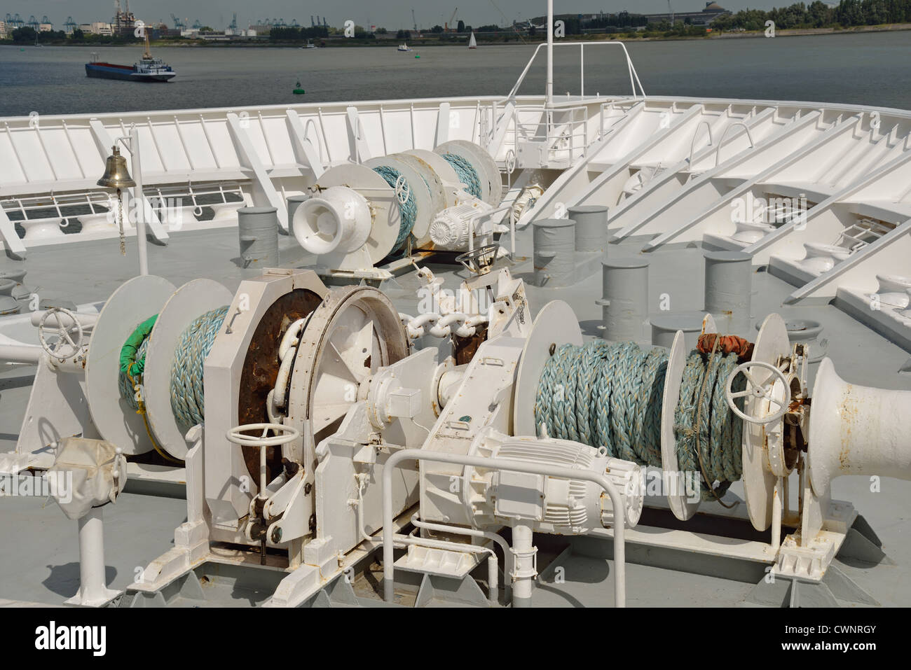Winches on bow of Fred Olsen M.S.Balmoral cruise ship on The Scheldt River, Antwerp Province, The Flemish Region, Belgium Stock Photo