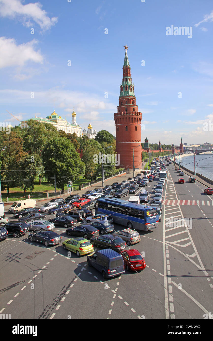 Russia. Moscow. Traffic jam on the Kremlin embankment and Vodovzvodnaya (Sviblova) tower Stock Photo