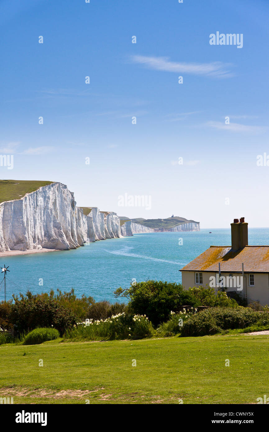 The coastguard cottages and the Seven Sisters cliffs Stock Photo
