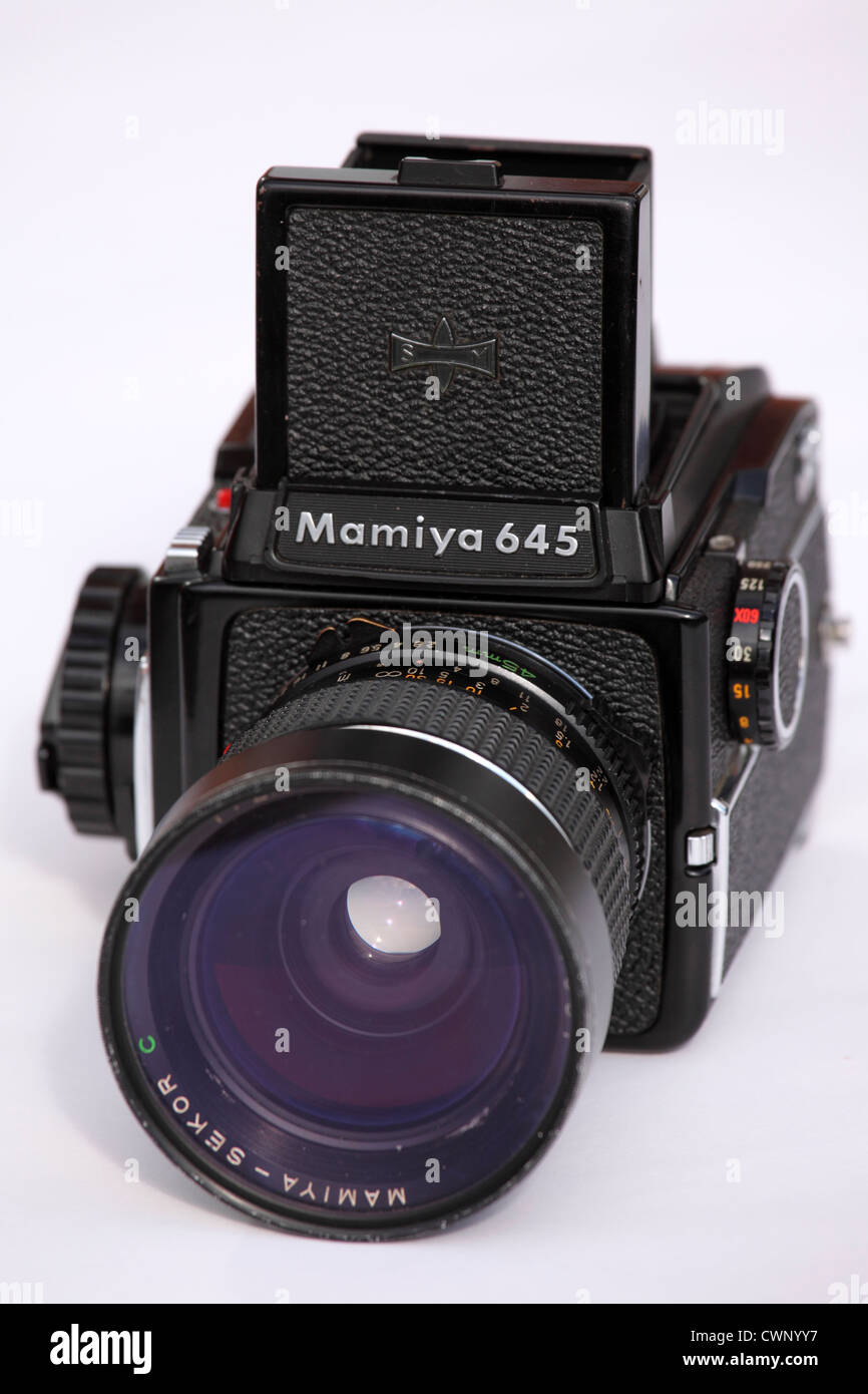 A Mamiya 645 medium format film camera. Stock Photo