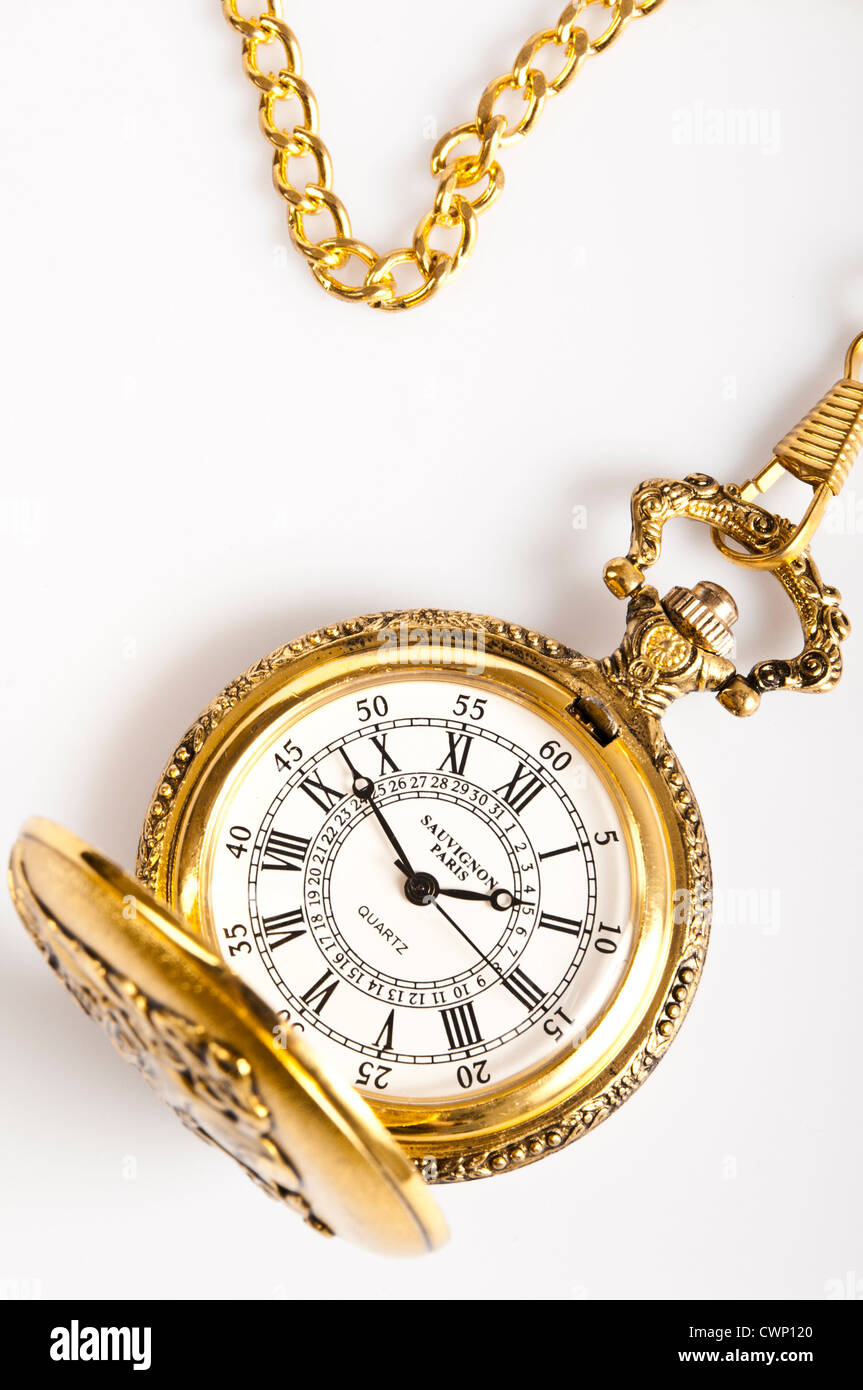antique French golden pocket watch Sauvignon Paris with chain and protective case Stock Photo
