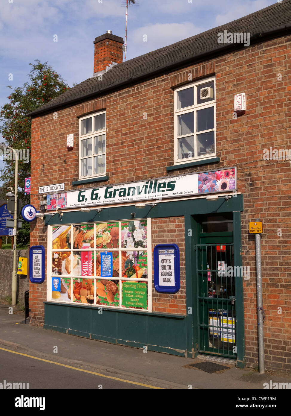 Amusing shop sign inspired by TV series 'Open All Hours' where Ronnie Barker stutters his corner shop assistant's name Granville Stock Photo