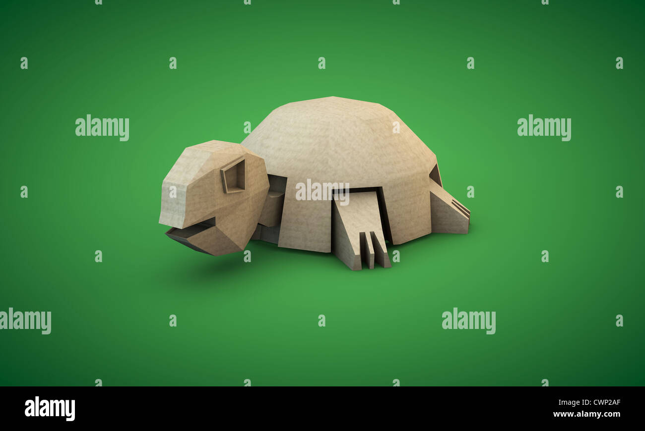 cardboard shaped like a tortoise isolated on green background Stock Photo